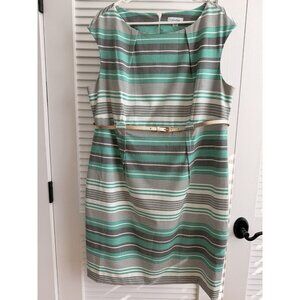 Calvin Klein 16W Sheath Dress Green Gray Stripe Belted Knee Length Lined Career